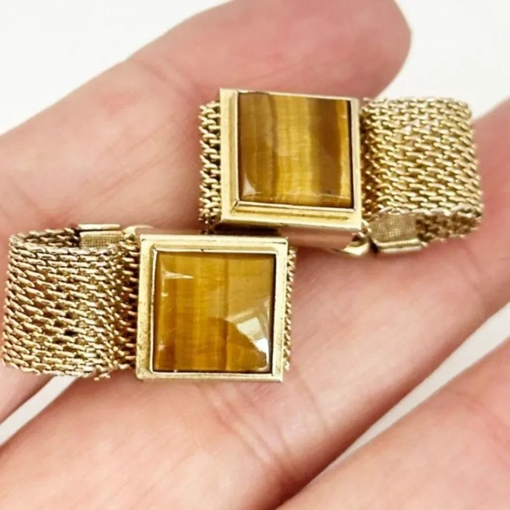 Vintage Cufflinks Gold Tone Tiger Eye Wrap Around Mesh MCM Retro